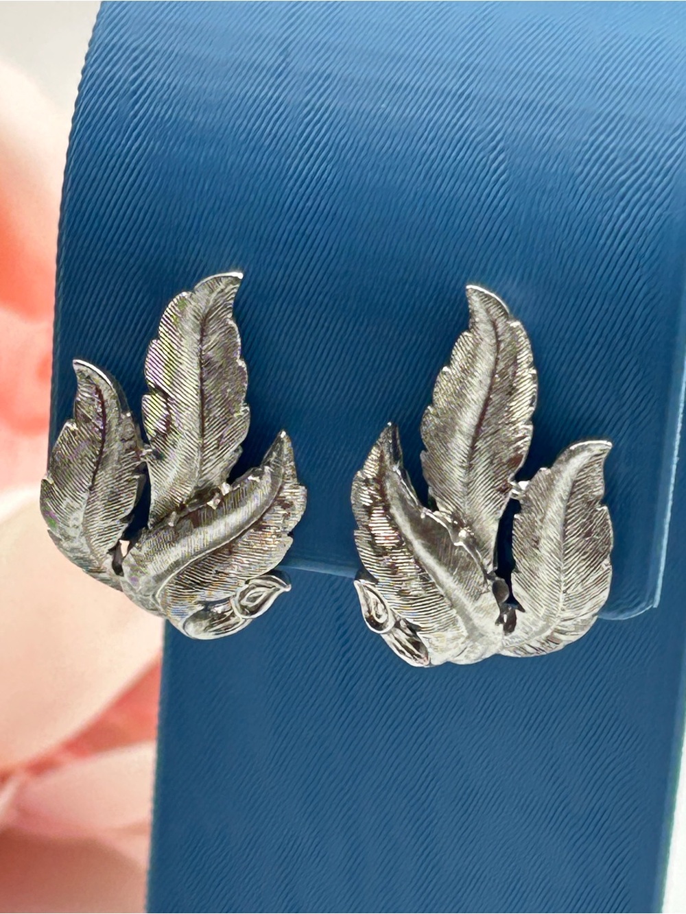 Vintage Trifari Silver Tone Feather Leaf Clip Earrings